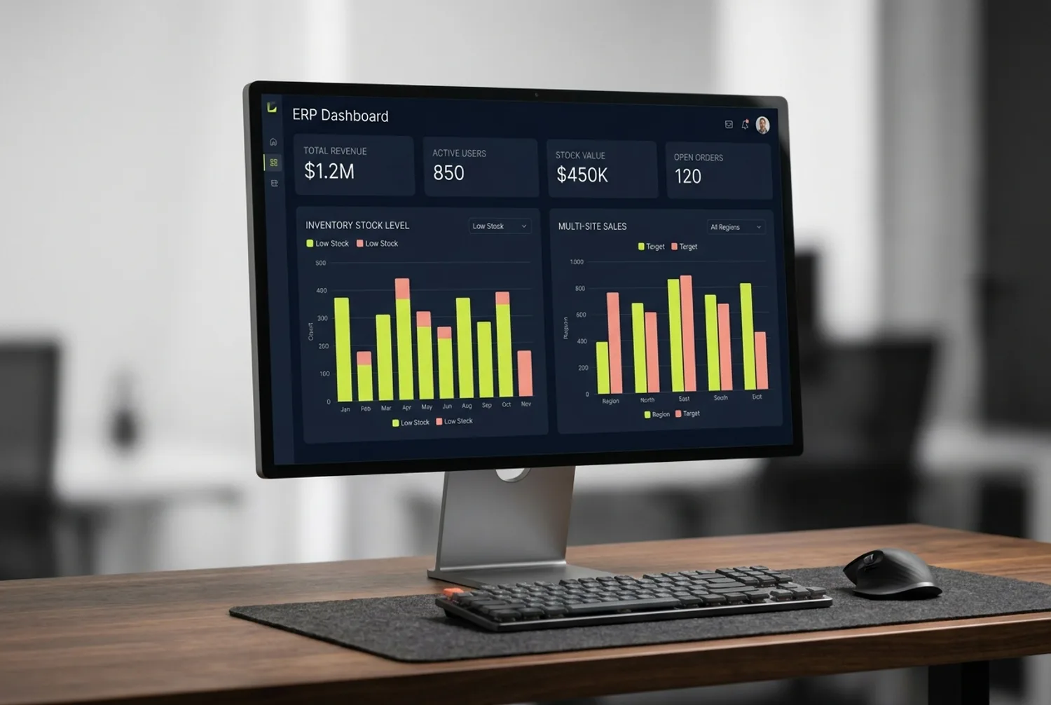 Tableau de bord ERP sur mesure affichant stocks, ventes et indicateurs multi-sites