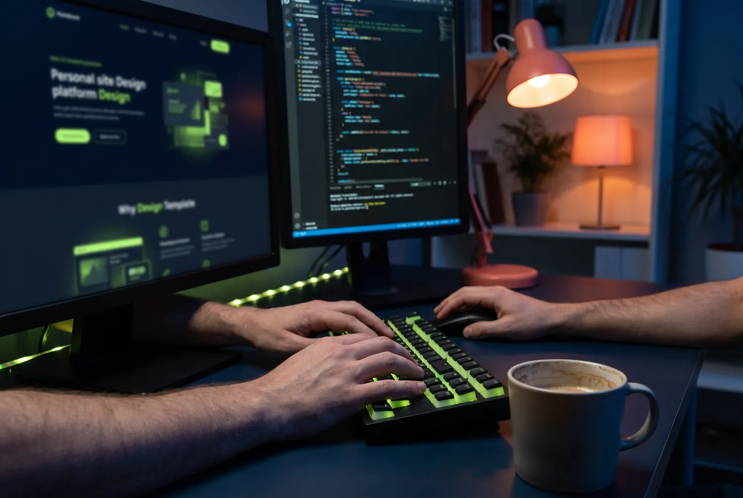 Poste de designer web avec une interface en navy et lime